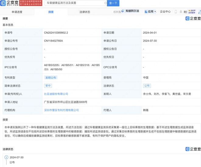 比亚迪专利可监测车内人员健星空体育平台康状况